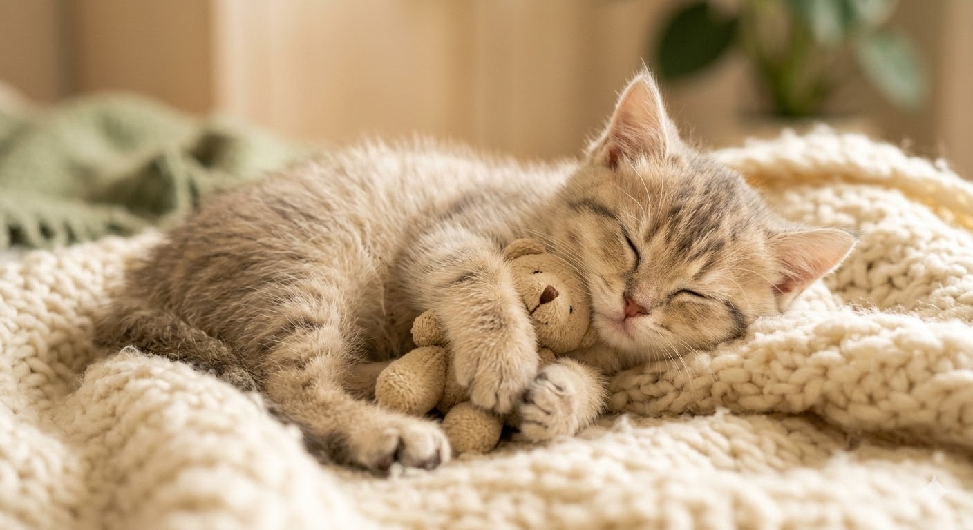Slapend kitten met knuffeltje