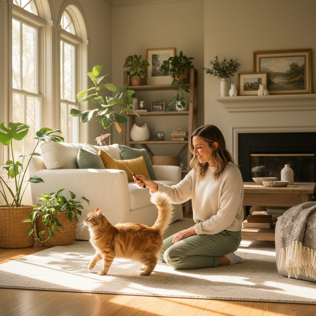 Kattenoppas speelt met een kat in een gezellige woonkamer